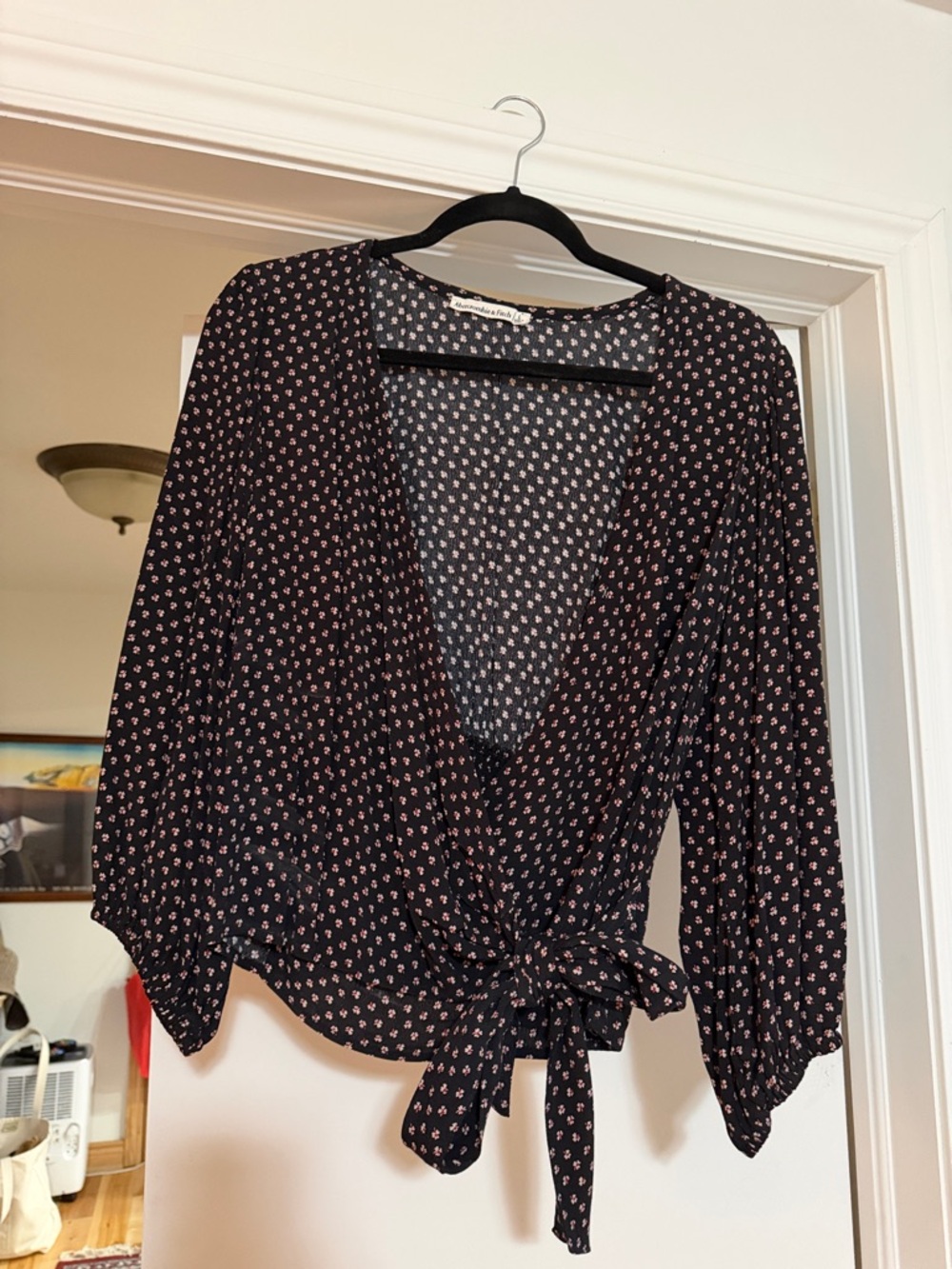 Abercrombie & Fitch Black Blouse with Pink Floral Tie-Front